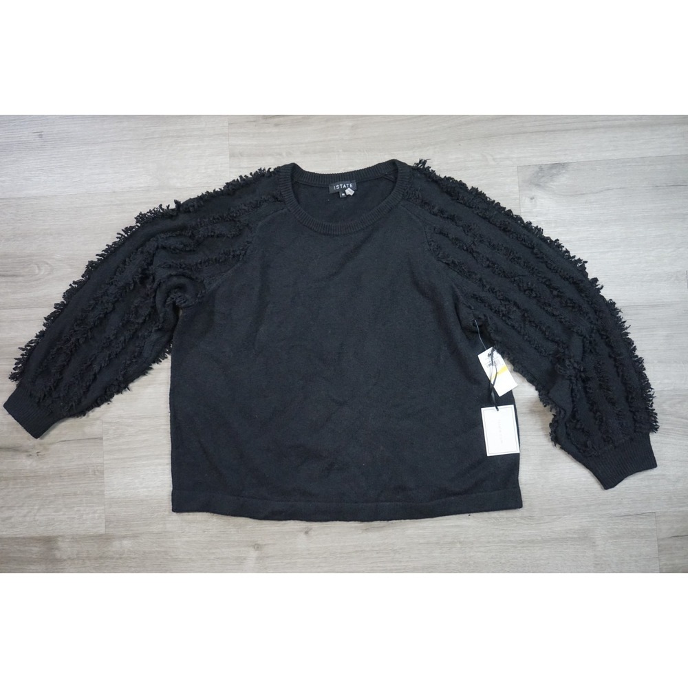 New 1.STATE Women's Medium‎ Black Knit Fringe Trim Boxy Crop Crew Sweatshirt
